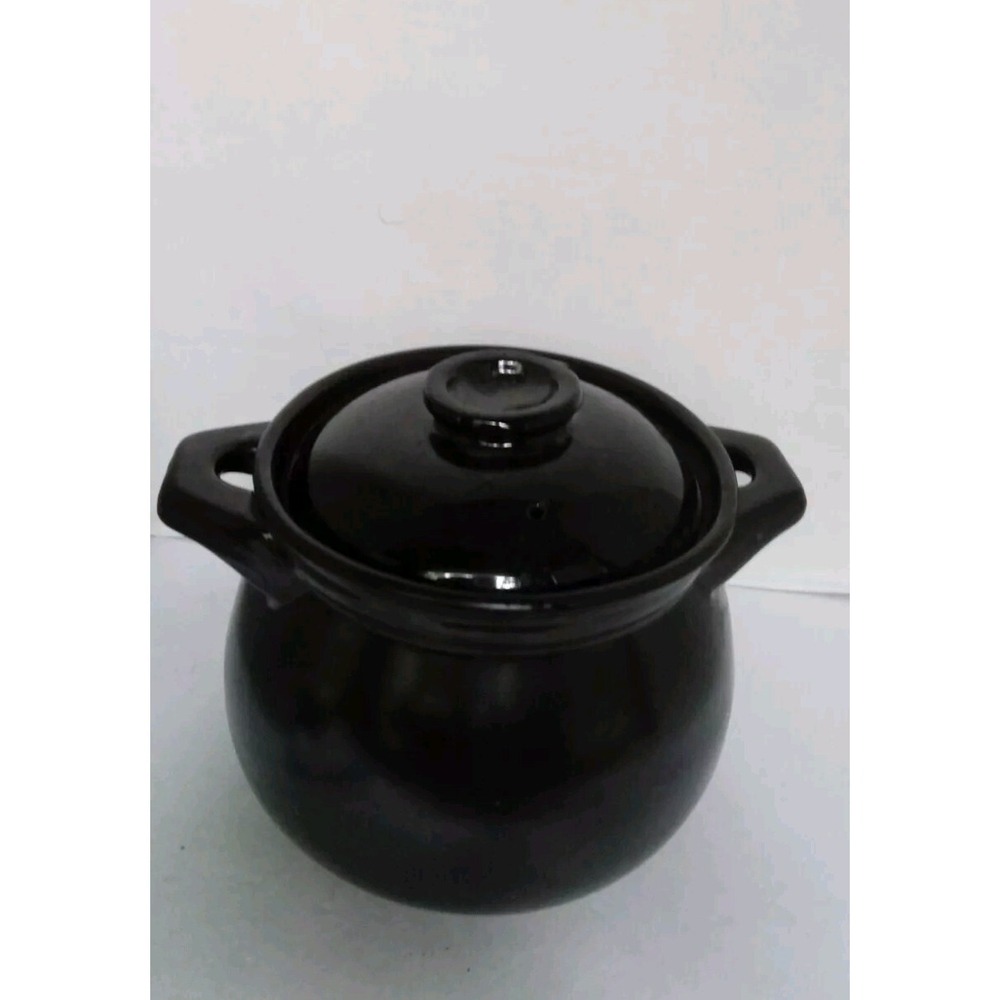 Black Glossy Ceramic Earthenware Pot with Lid and Handles Traditional Stoneware